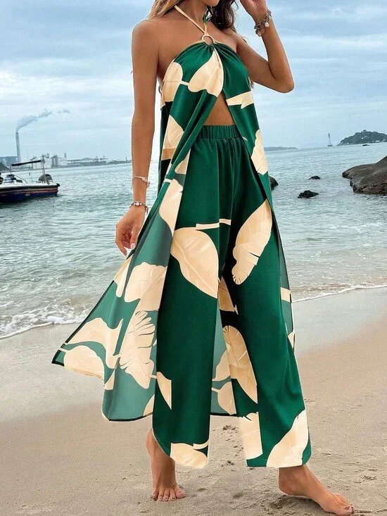 Dark Green Boho Women's Plant Print Halter Crop Top & Straight Leg Pants Set - Picture 3 of 6